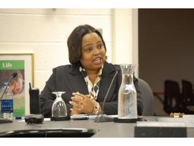 Dr. Sarena Shivers, director of curriculum for Southfield Public Schools, interviewing with the Ypsilanti Public Schools' Board of Education to replace Dr. James Hawkins, who has served as superintendent for the district since 2005.