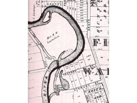 The cross-shaped building of Cornwell's paper mill, seen here in an 1874 map, stood just south of the present-day Waterworks Park. Image courtesy of Ypsilanti Archives.