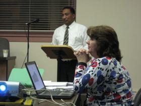 Ypsilanti Department of Public Service Director Stan Kirton and Office Manager Janice Beckett give City Council a presentation on service budgets at a special meeting Tuesday.