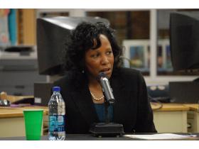 Dr. Linda Hicks, superintendent for South Redford Schools, interviews with the Ypsilanti Board of Education Tuesday night. Hicks was one of two candidates interviewed that night, and one of seven this week.